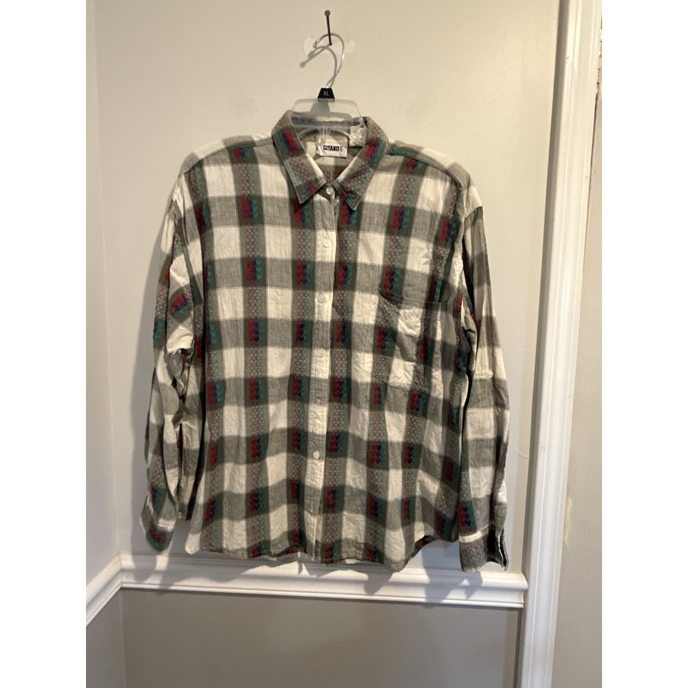 Vtg Gitano Embroidered Plaid Shirt Sz 42 Long Sleeves‎ One Front Pocket